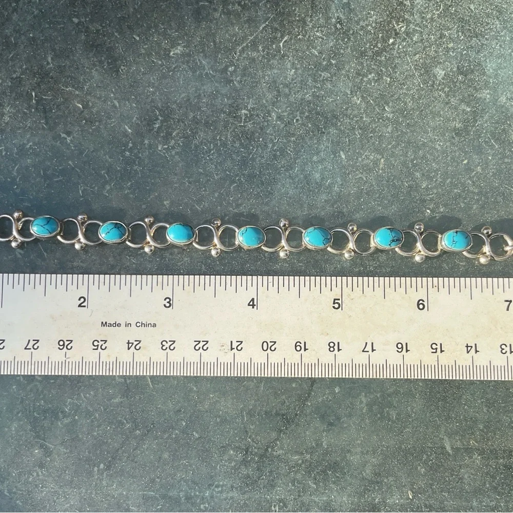 Gorgeous Mexican 925 Sterling Silver Turquoise Oval Link Chain Bracelet 7.5in - Picture 8 of 9